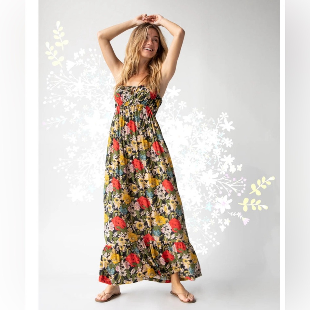 NATURAL LIFE Black Floral Maxi Dress with Red and Yellow Blooms